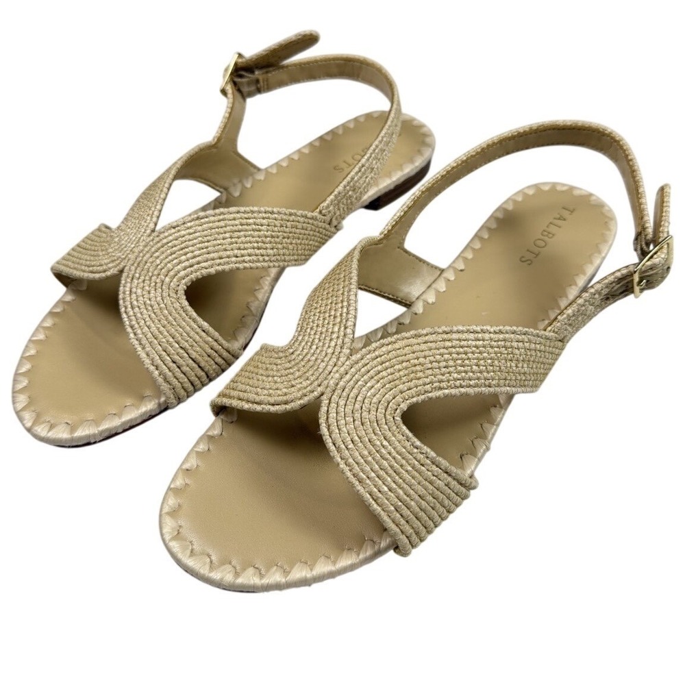 Talbots Keri Curved Raffia Slides Natural Tan Straw Sandals Coastal Sz 8 Comfort
